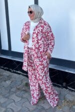 Büyük Beden Kol Manşetli Pantolonlu Mango Takım - Yaprak Desen Pembe - 67052 - Görsel 4