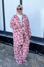 67052 Büyük Beden Kol Manşetli Pantolonlu Mango Takım - Yaprak Desen Pembe