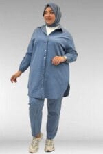 67042 Büyük Beden Kolları Lastikli Pantolonlu Takım - Mavi - Large Moda - Görsel 3