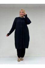 Büyük Beden Boydan Pile Detaylı Müslin Gömlek - Siyah - 68022 - Görsel 7