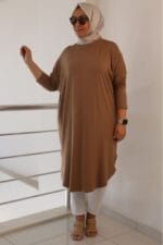 38110  Büyük Beden Düşük Kol Penye Tunik - Vizon - Large Moda - Görsel 2