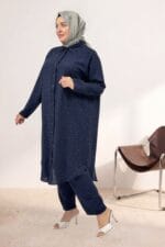 Büyük Beden Gömleği Taş Detaylı Pantolonlu Mango Takım - Lacivert - 67058 - Görsel 4