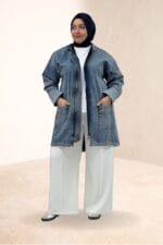 53023 Büyük Beden Oval Kesim Fermuarlı Kot Ceket - Kar Yıkama Mavi - Large Moda - Görsel 3