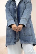 53023 Büyük Beden Oval Kesim Fermuarlı Kot Ceket - Kar Yıkama Mavi - Large Moda - Görsel 2