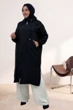 53010 Büyük Beden Fermuarlı Reglan Kol Menanj Keten Kap - Siyah - Large Moda - Görsel 3