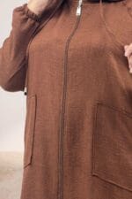 53010 Büyük Beden Fermuarlı Reglan Kol Menanj Keten Kap - Taba - Large Moda - Görsel 2