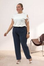 69007 Büyük Bedenbeli Lastikli Cupra Pantolon - Lacivert - Large Moda - Görsel 3