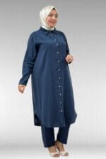 67059 Büyük Beden Boydan Düğmeli Cupra Pantolonlu Takım - Lacivert - Large Moda - Görsel 4
