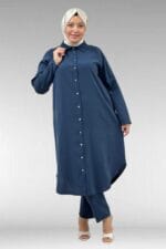 67059 Büyük Beden Boydan Düğmeli Cupra Pantolonlu Takım - Lacivert - Large Moda - Görsel 2