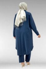 67059 Büyük Beden Boydan Düğmeli Cupra Pantolonlu Takım - Lacivert - Large Moda - Görsel 5