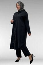 67059 Büyük Beden Boydan Düğmeli Cupra Pantolonlu Takım - Siyah - Large Moda - Görsel 3