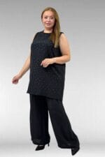 68506 Büyük Beden Taş Baskılı Uzun Müslin İçlik - Siyah - Large Moda - Görsel 4