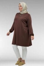 38014 Büyük Beden Cep Detaylı Penye Tunik - Kahve - Large Moda - Görsel 5