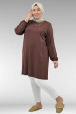 38014 Büyük Beden Cep Detaylı Penye Tunik - Kahve - Large Moda - Görsel 4