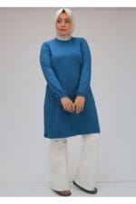 38014 Büyük Beden Basic Penye Tunik - İndigo - Large Moda - Görsel 4