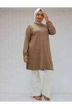 38014 Büyük Beden Basic Penye Tunik - Vizon