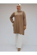 38014 Büyük Beden Basic Penye Tunik - Vizon - Large Moda - Görsel 3