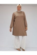 38014 Büyük Beden Basic Penye Tunik - Vizon - Large Moda - Görsel 4