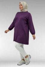 38014 Büyük Beden Cep Detaylı Penye Tunik - Mürdüm - Large Moda - Görsel 4
