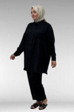 67062 Büyük Beden Büzgü Detaylı Double Tensel Pantolonlu Takım - Siyah - Large Moda - Görsel 2