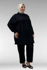 67062 Büyük Beden Büzgü Detaylı Double Tensel Pantolonlu Takım - Siyah - Large Moda - Görsel 3