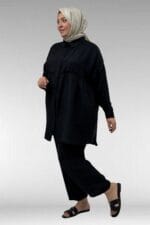 67062 Büyük Beden Büzgü Detaylı Double Tensel Pantolonlu Takım - Siyah - Large Moda - Görsel 4