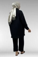 67062 Büyük Beden Büzgü Detaylı Double Tensel Pantolonlu Takım - Siyah - Large Moda - Görsel 6