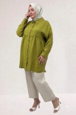 68069 Büyük Beden Büzgü Detaylı Double Tensel Tunik - Yağ Yeşili - Large Moda - Görsel 3