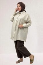 68069 Büyük Beden Büzgü Detaylı Double Tensel Tunik - Bej - Large Moda - Görsel 3