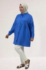 68069 Büyük Beden Büzgü Detaylı Double Tensel Tunik - İndigo - Large Moda - Görsel 3