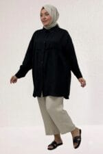 68069 Büyük Beden Büzgü Detaylı Double Tensel Tunik - Siyah - Large Moda - Görsel 3