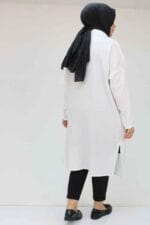 58065 Büyük Beden Melanj Keten Düşük Kol Gömlek - Ekru - Large Moda - Görsel 5