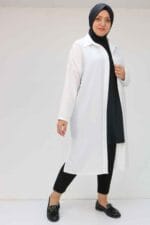58065 Büyük Beden Melanj Keten Düşük Kol Gömlek - Ekru - Large Moda - Görsel 2