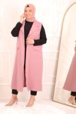 34006 Büyük Beden Blazer Yakalı Çift Kat Krep Yelek-Pembe - Large Moda - Görsel 2