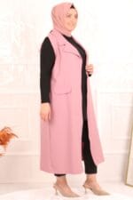 34006 Büyük Beden Blazer Yakalı Çift Kat Krep Yelek-Pembe - Large Moda - Görsel 5