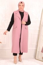 34006 Büyük Beden Blazer Yakalı Çift Kat Krep Yelek-Pembe - Large Moda - Görsel 4
