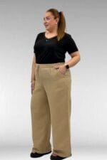 59021 Büyük Beden Beli Lastikli Müslin Bol Paça Pantolon - Vizon - Large Moda - Görsel 2