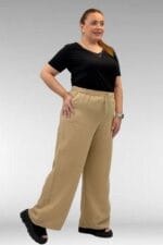 59021 Büyük Beden Beli Lastikli Müslin Bol Paça Pantolon - Vizon - Large Moda - Görsel 4