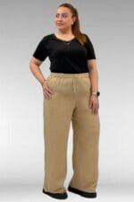 59021 Büyük Beden Beli Lastikli Müslin Bol Paça Pantolon - Vizon - Large Moda - Görsel 5
