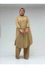 59021 Büyük Beden Beli Lastikli Müslin Bol Paça Pantolon - Vizon - Large Moda - Görsel 6