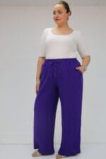 59021 Büyük Beden Beli Lastikli Müslin Bol Paça Pantolon - Mor - Large Moda - Görsel 2