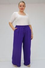 59021 Büyük Beden Beli Lastikli Müslin Bol Paça Pantolon - Mor - Large Moda - Görsel 4