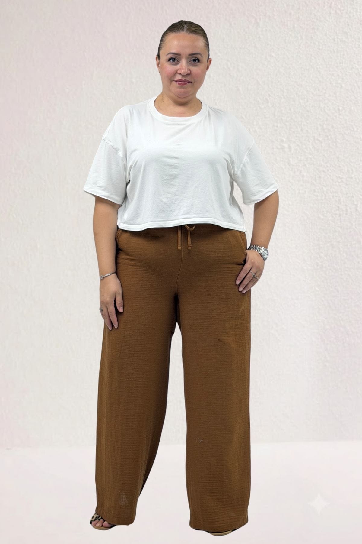 59021 Büyük Beden Beli Lastikli Müslim Bol Paça Pantolon - Kahve 59021 Büyük Beden Beli Lastikli Müslim Bol Paça Pantolon - Kahve