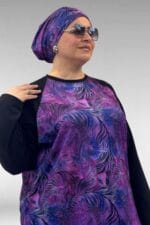 1742 Büyük Beden Uzunkol Tesettür Mayo Takım - Yaprak Desen Mor - Large Moda - Görsel 2