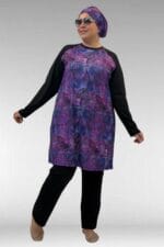 1742 Büyük Beden Uzunkol Tesettür Mayo Takım - Yaprak Desen Mor - Large Moda - Görsel 4