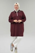 Büyük Beden Yarım Pat Fermuarlı Modal Tunik - Bordo - 68057 - Görsel 3