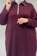 Büyük Beden Yarım Pat Fermuarlı Modal Tunik - Bordo - 68057 - Görsel 2