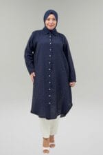 Büyük Beden Taş Detaylı Kolu Manşetli Mango Tunik - Lacivert - 68058 - Görsel 3