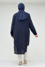 Büyük Beden Taş Detaylı Kolu Manşetli Mango Tunik - Lacivert - 68058 - Görsel 4