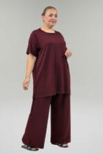 Büyük Beden Tişört Pantolonlu Modal Takım - Bordo - 67067 - Görsel 3